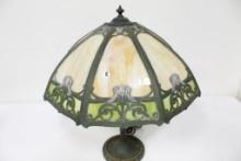 FINE 8-PANEL SLAG GLASS LAMP, LOST PATINA ON LAMP BASE, 25"