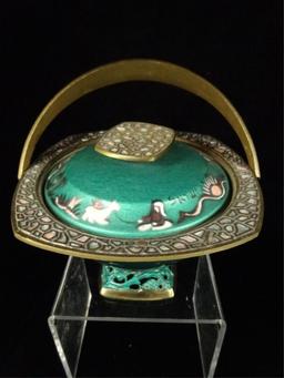 PAL BELL STYLE ENAMEL OVER BRASS BOWL WITH LID AND HANDLE, PAINTED DESIGNS,