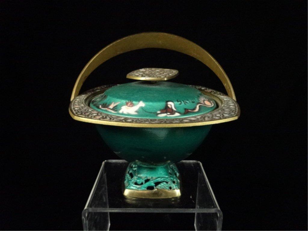 PAL BELL STYLE ENAMEL OVER BRASS BOWL WITH LID AND HANDLE, PAINTED DESIGNS,