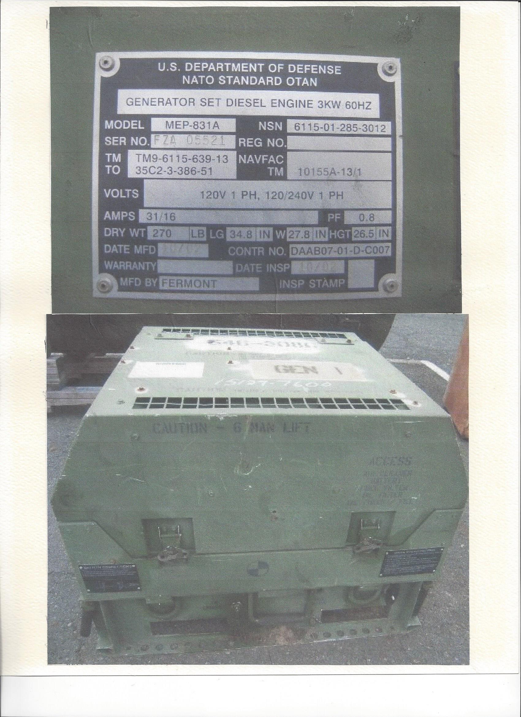 Generator MEP-831A located in Oklahoma, Pick-Up or You Arrange Shipping.