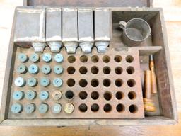 19th Century 12 Gauge Field Reload Kit, Homemade by John Cope Jr. Bushnell, Illinois. 16.5" x 12.5"