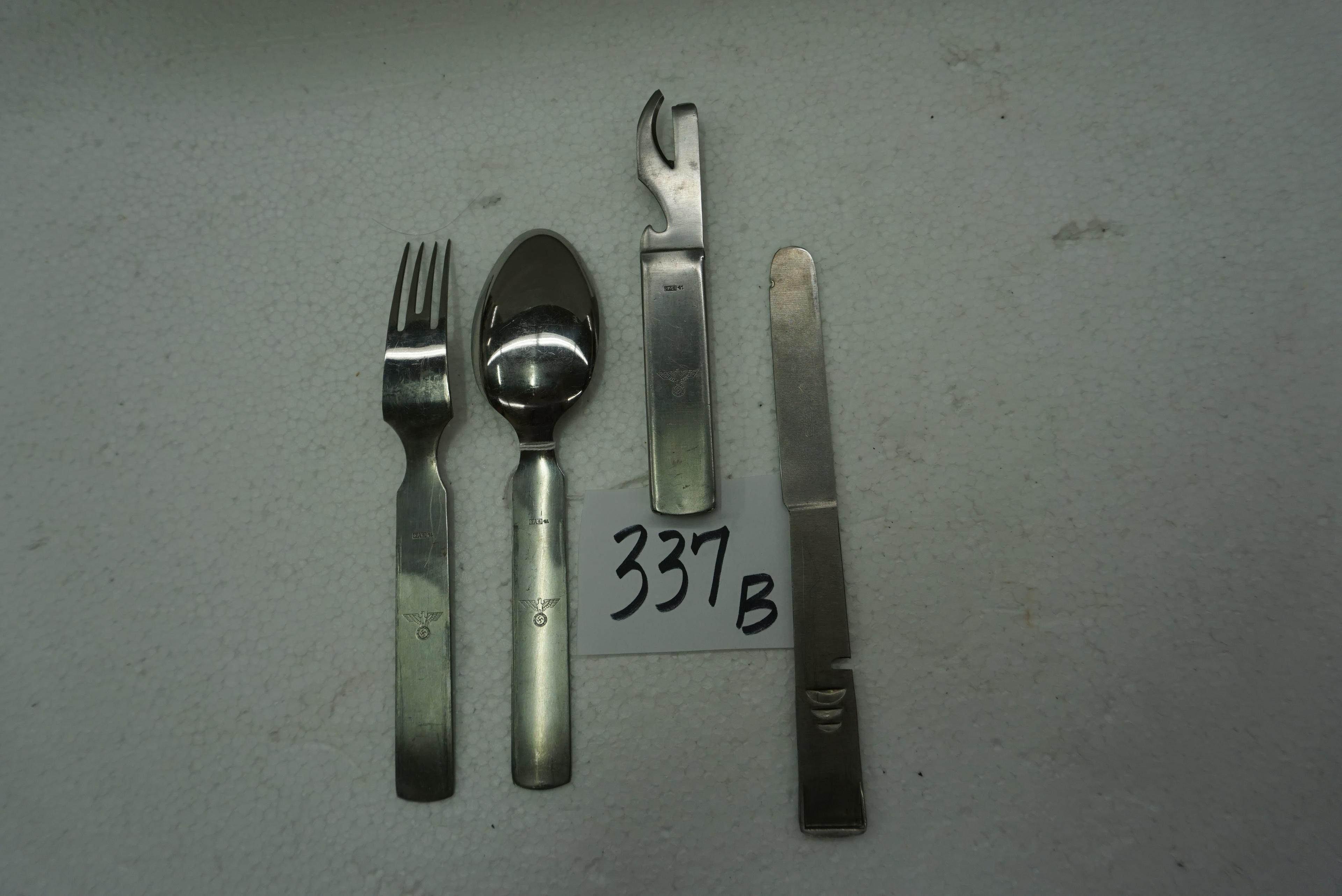 German Officer's Field Utensils, Spoon, Fork and Can Opener/Holder Stamped with Swastika and Eagle.