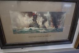 German Navy Print in Color, WWI 1915, 16"x25" OLD, frame has damage, $39 Shipping, Glass