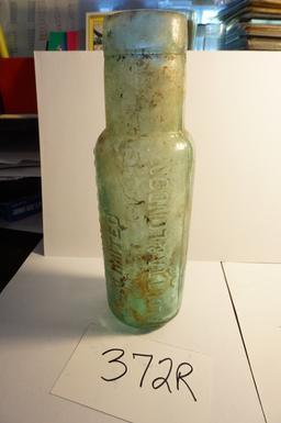 J.A.SHARWOOD & CO - CALCUTTA & LONDON CHUTNEY JAR/BOTTLE, 8" Tall, few chips, 1880's, aqua color