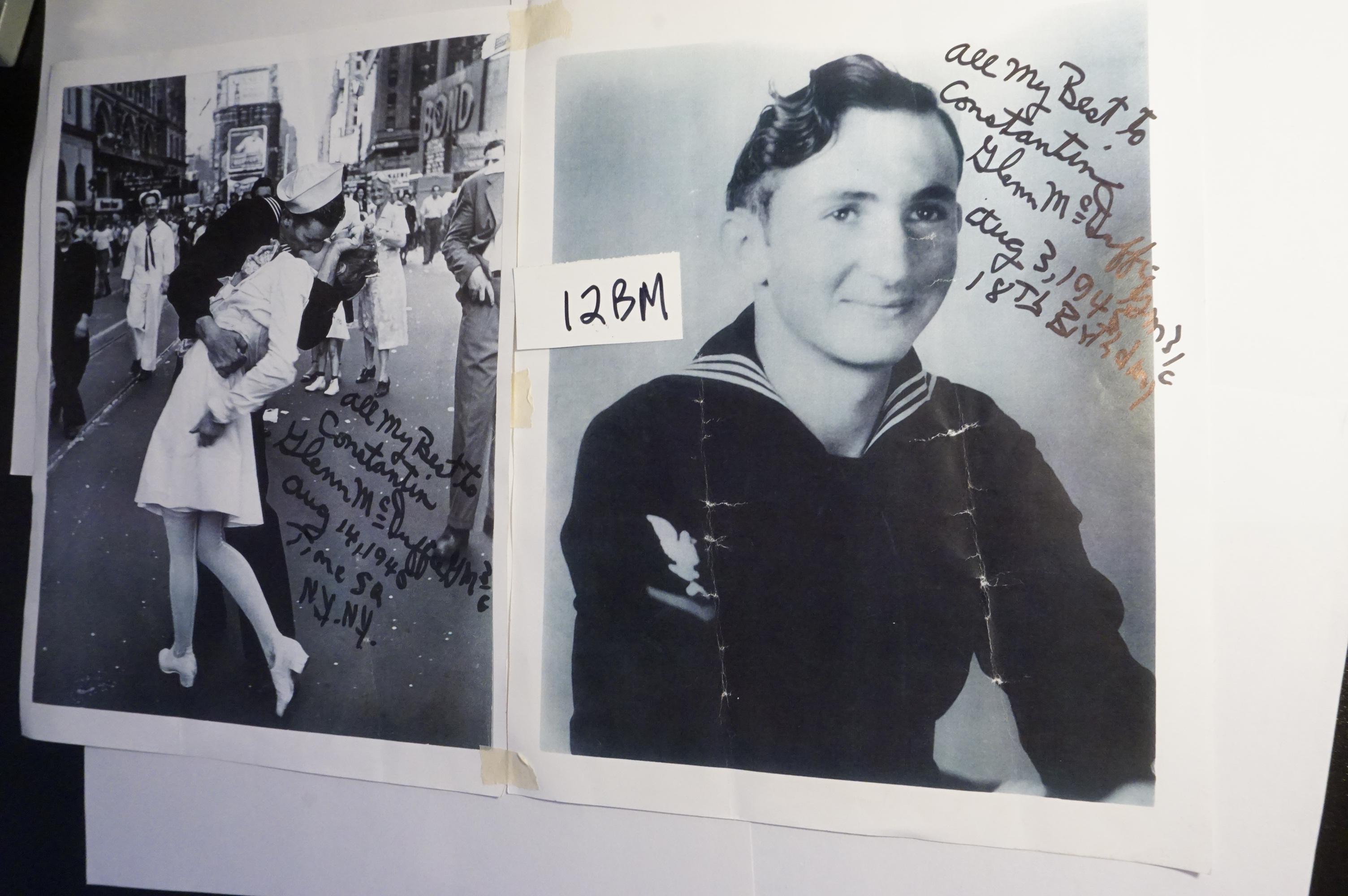 Two (2) Photos Signed by Glenn McDuffie (personalized to Constantin) The Famous Kiss, End of WW II