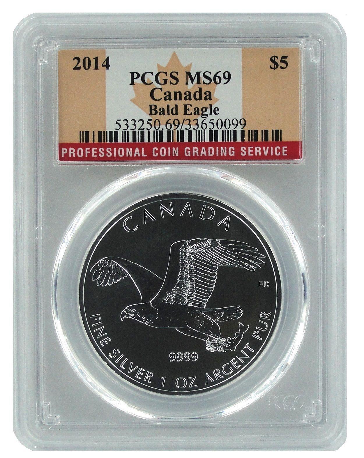 2014 Canada Silver Bald Eagle, PCGS MS69 Flag Label, ONE OUNCE .999 FINE SILVER