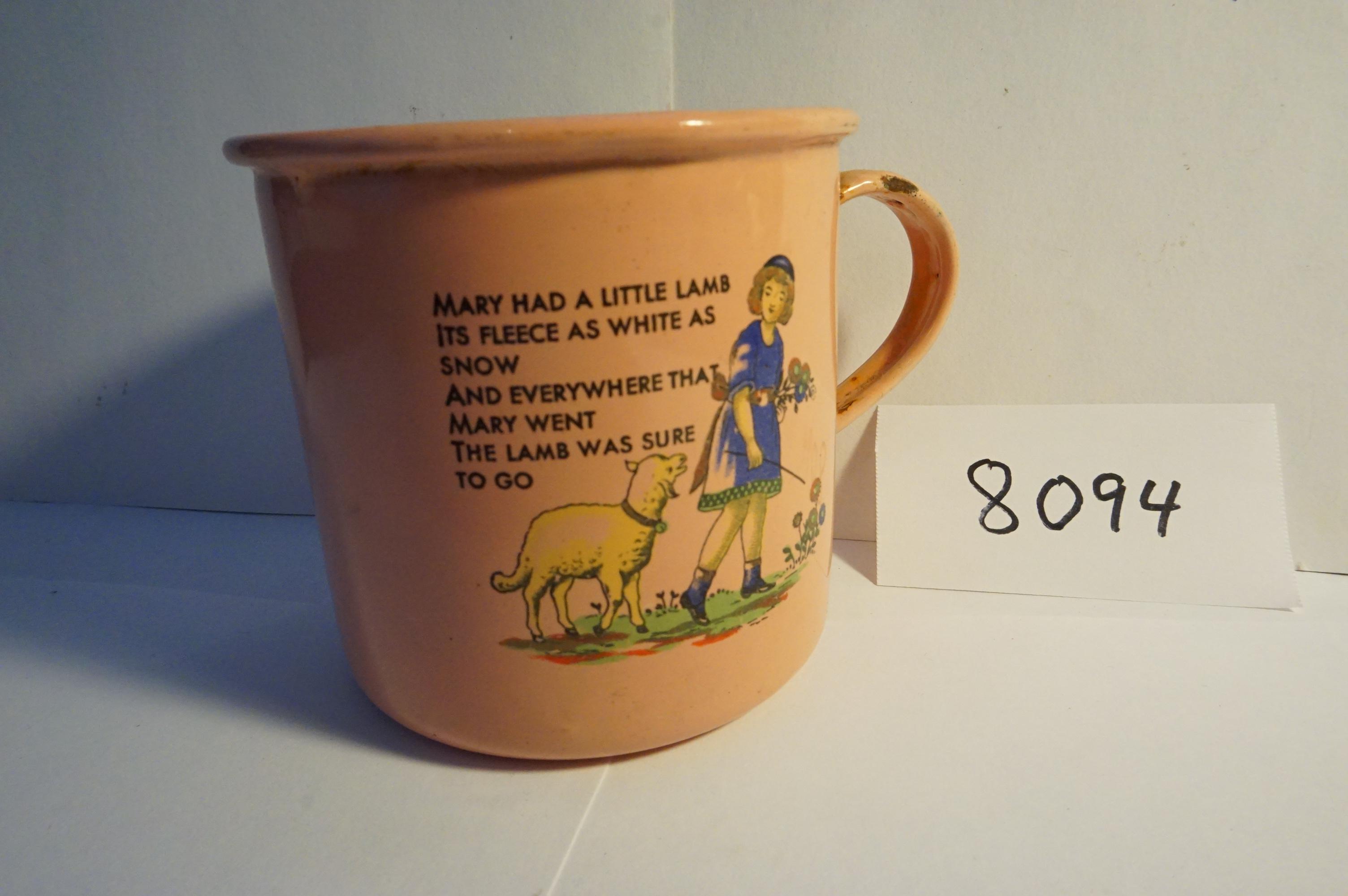 OLD! Porcelain Cup "Mary had a Little Lamb..."  made in Sweden, does have chipping of porcelain