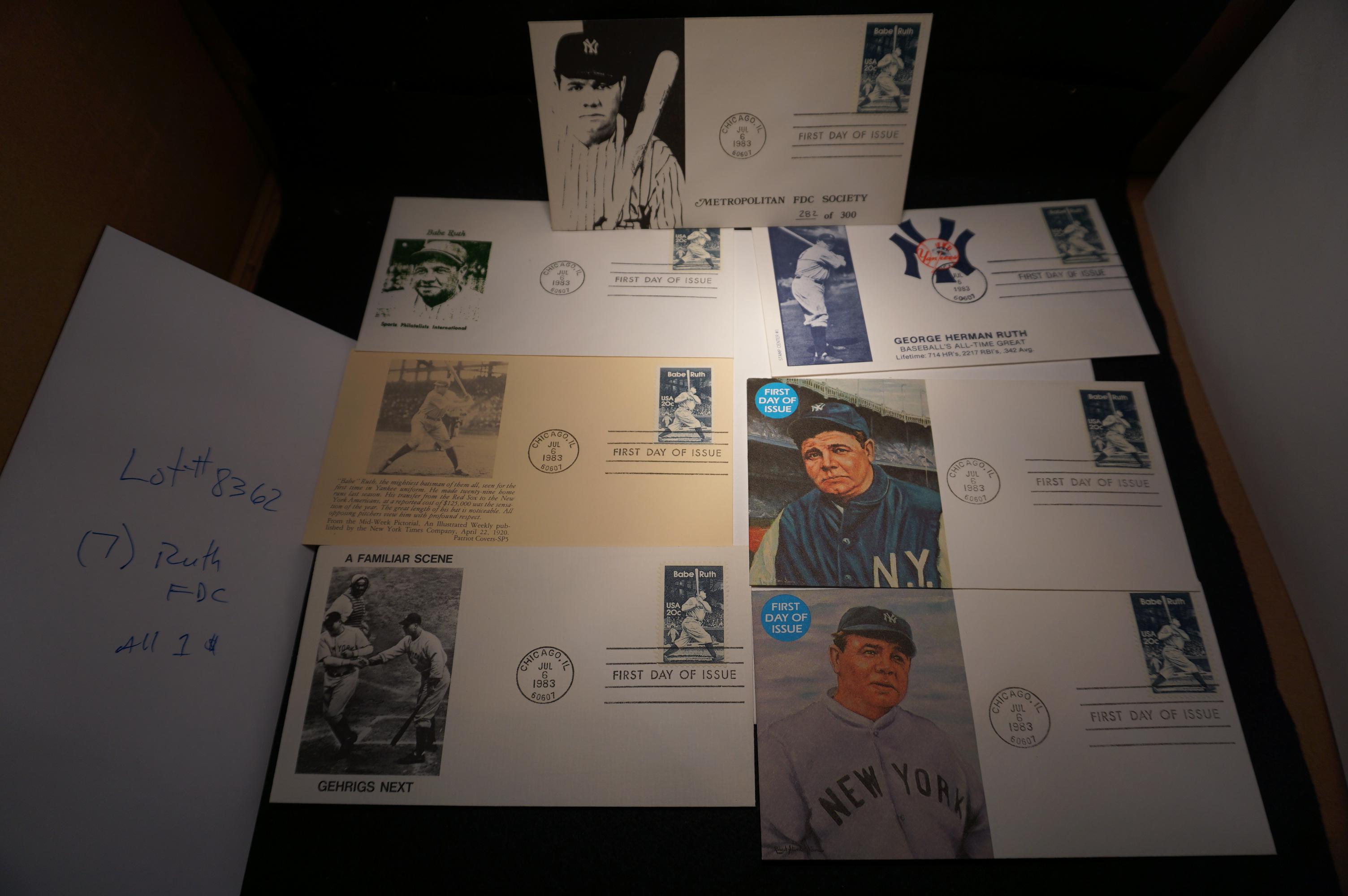 (7) Seven Different Babe Ruth First Day Covers, All From July 6th 1983, All One Money, All Have Ruth