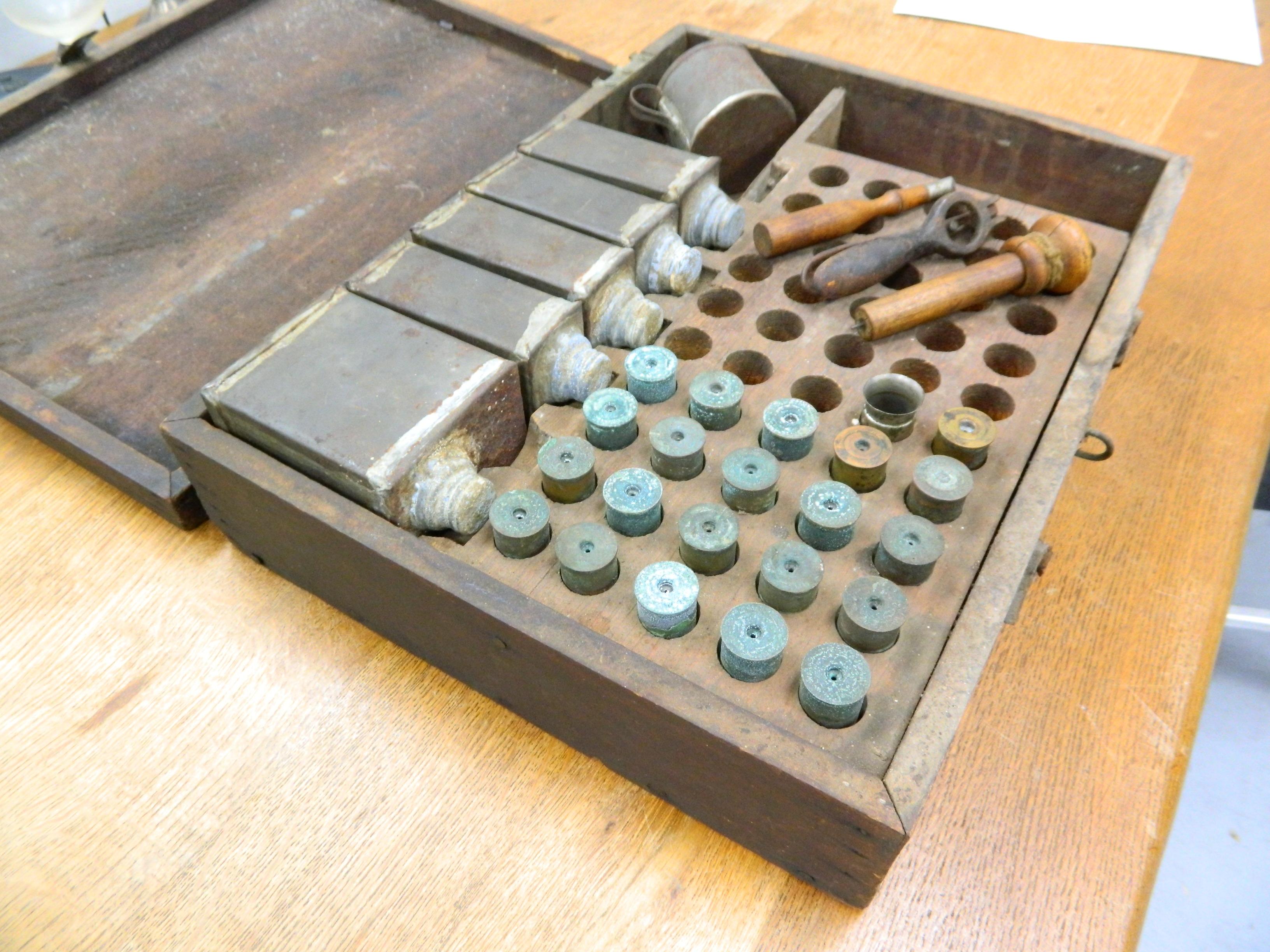 19th Century 12 Gauge Field Reload Kit, Homemade by John Cope Jr. Bushnell, Illinois. 16.5" x 12.5"