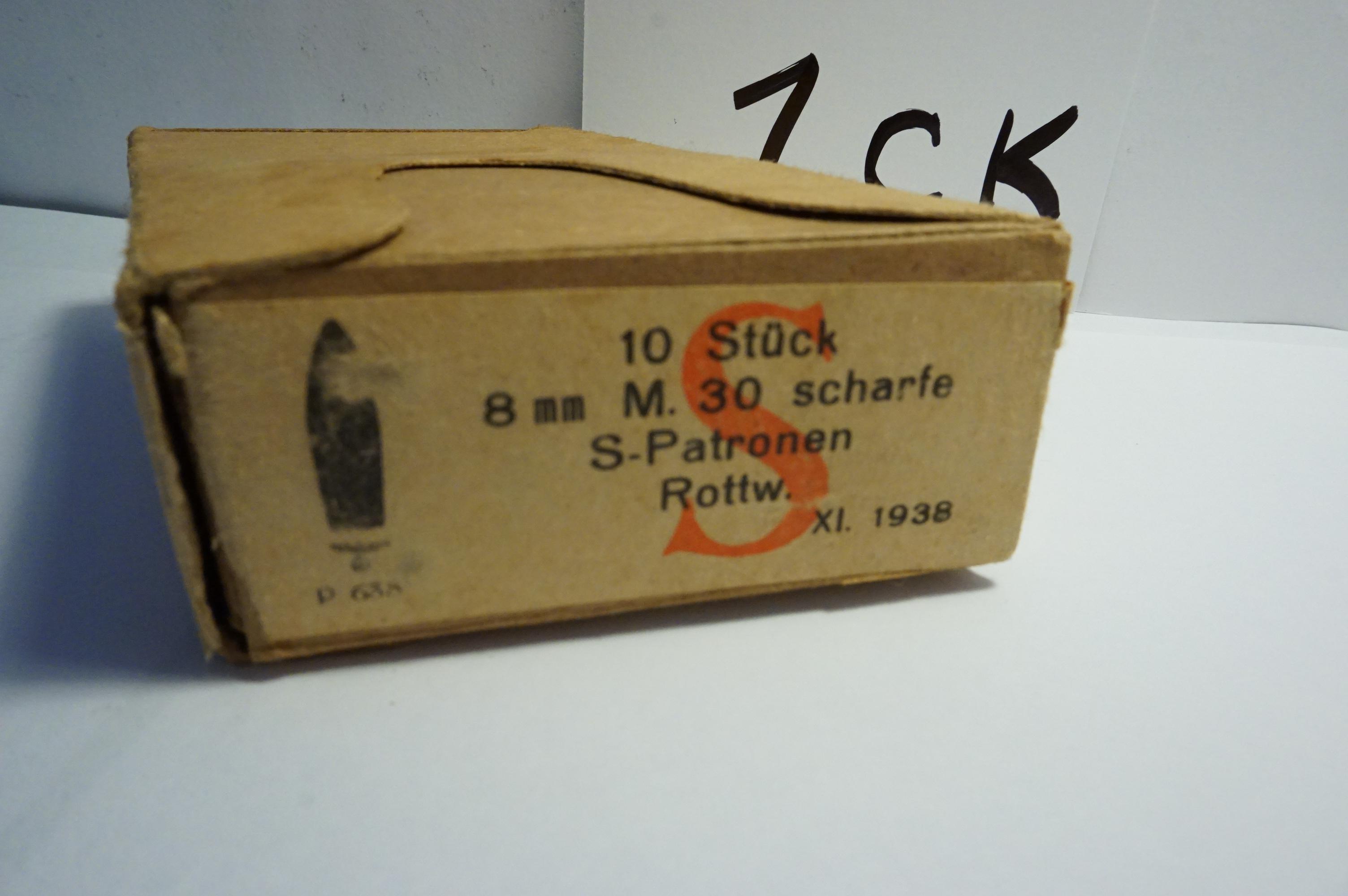 1938 NAZI Germany BOX of 8mm M. 30 Scharfe S-Patronen Rottw. 10 Stuck Cartridges in paper box!