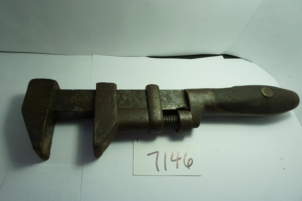 May 13th 1900 A.L.C. Adjustable Wrench, 119 years old, Loss to wooden handle as shown, 10" length