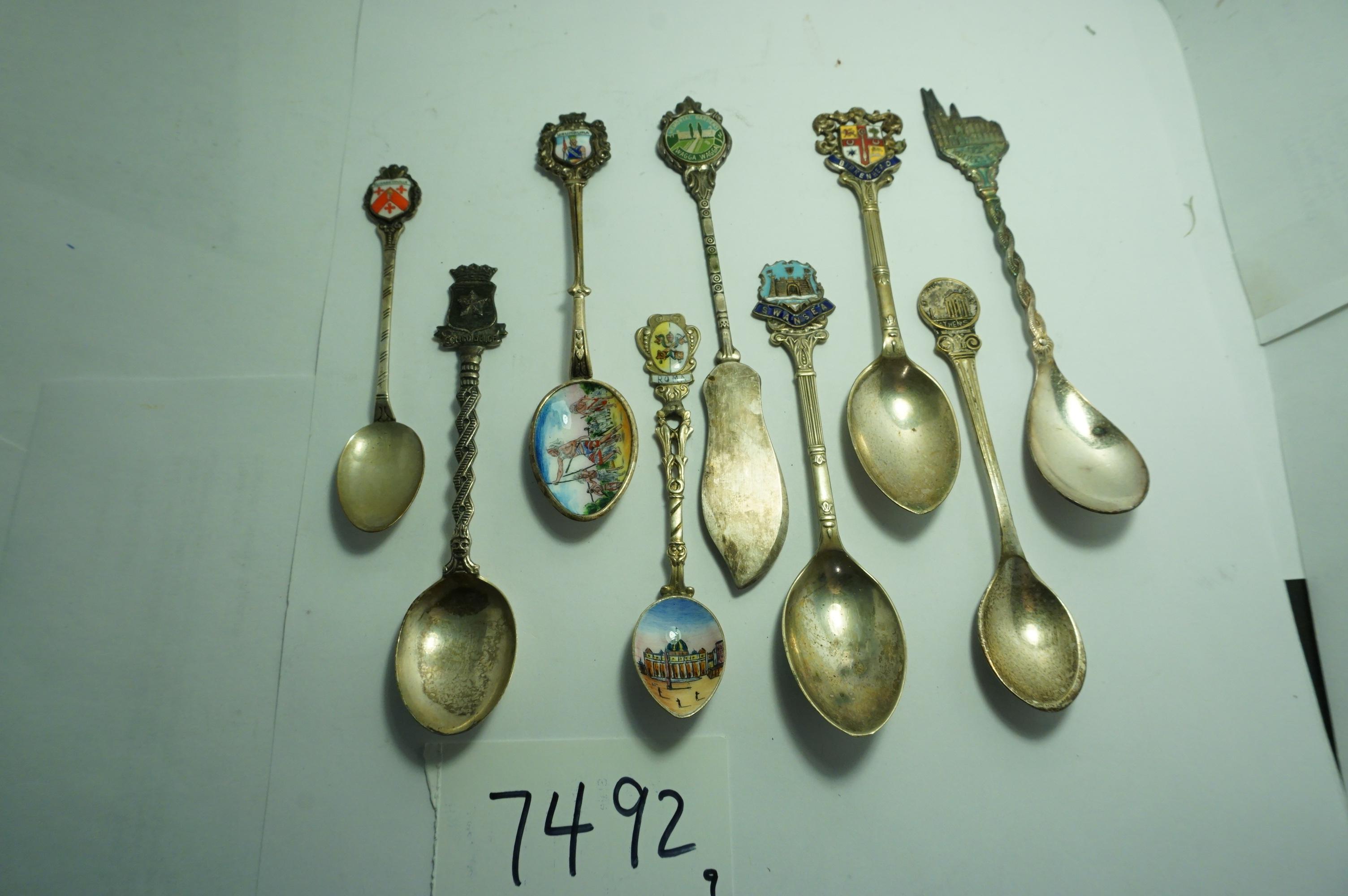 Nine (9) X The Money: Collector Spoons, Estate Find, Metal Content Unknown, one is a butter knife.
