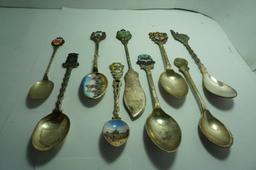 Nine (9) X The Money: Collector Spoons, Estate Find, Metal Content Unknown, one is a butter knife.