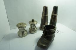 All One Money: Pewter Salt & Pepper (Italy, 2.5"), Silverplate? Salt & Pepper (5" England) and a