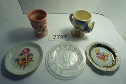 Five (5) X The Money: Two German Porcelain Plates, Clear 3.5" George Washington pressed glass plate