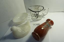 Three (3) X The Money: 3.5"x4" MONAX Glass Hen on Nest, 3" Glass Creamer with Silver Overlay, 4.375"