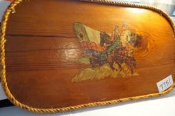 18""x10" Vintage Cowboy Serving Tray/Wall Hanger Cowboy with Covered Wagon Decor Piece! Wow! Pine