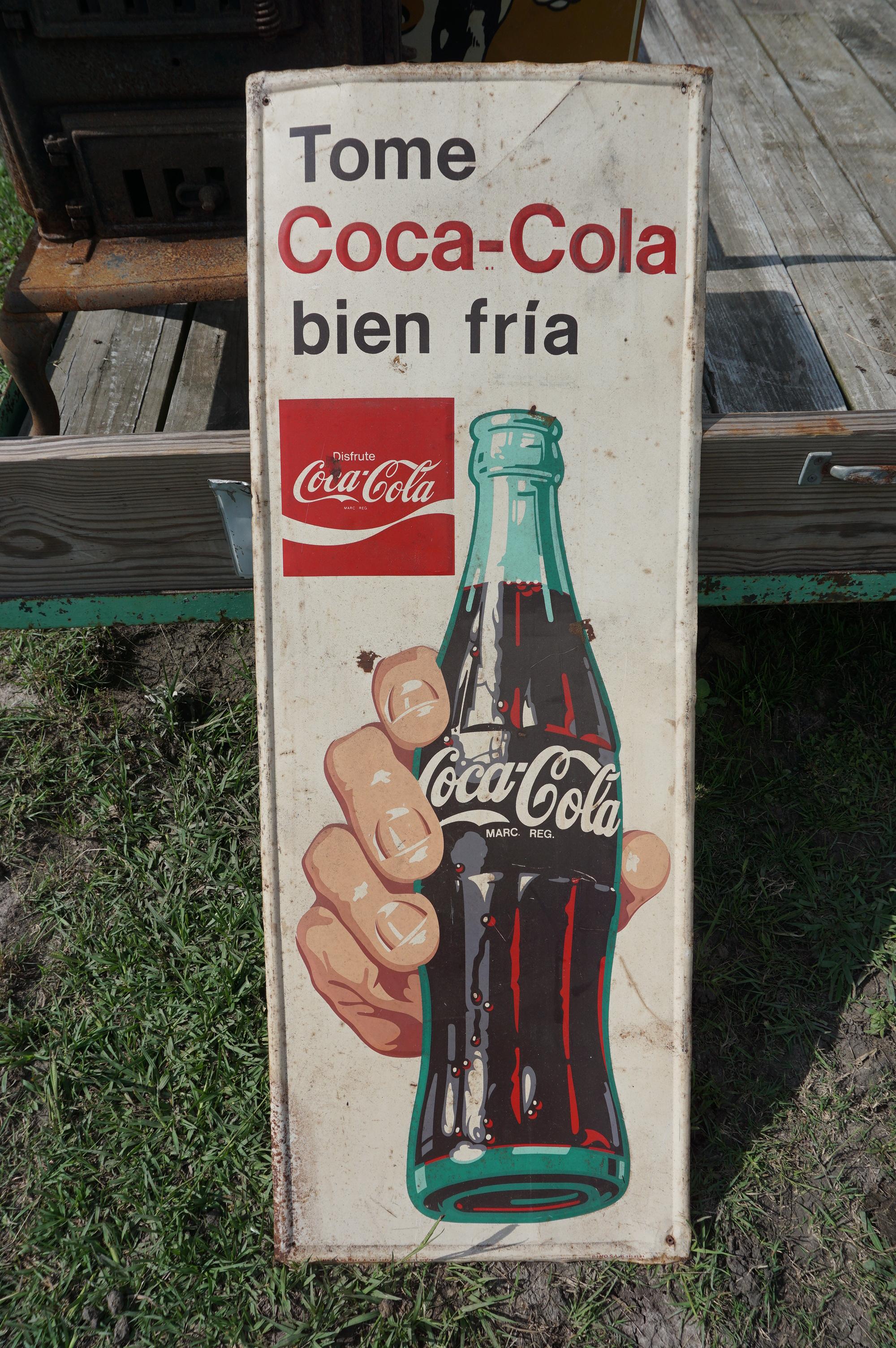 Coca Cola Sign in Spanish, 4' h, Tin PLUS Quaker State Motor Oil Tin Sign