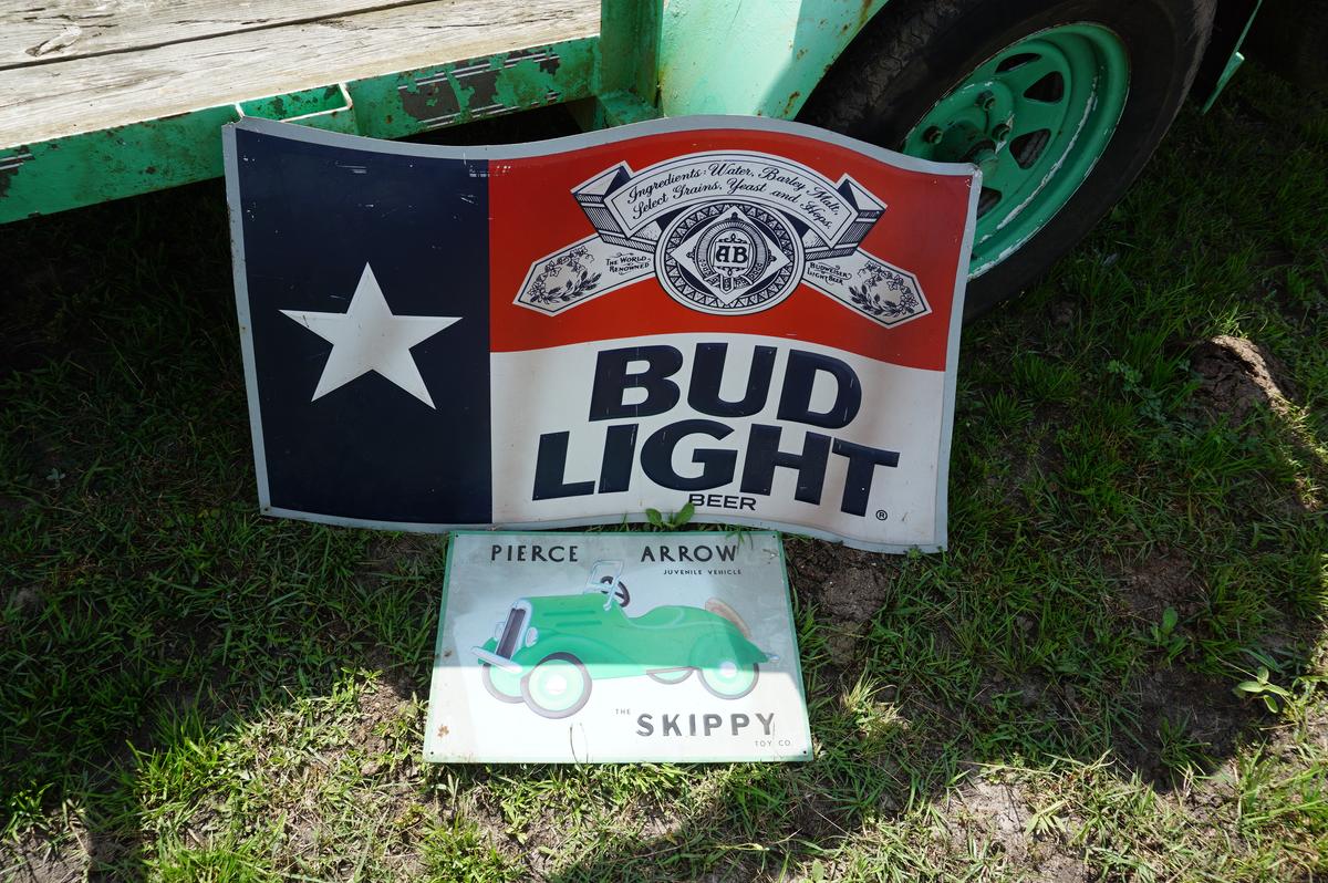 Bud Light and Skippy (pedal car) Signs, Both One Money