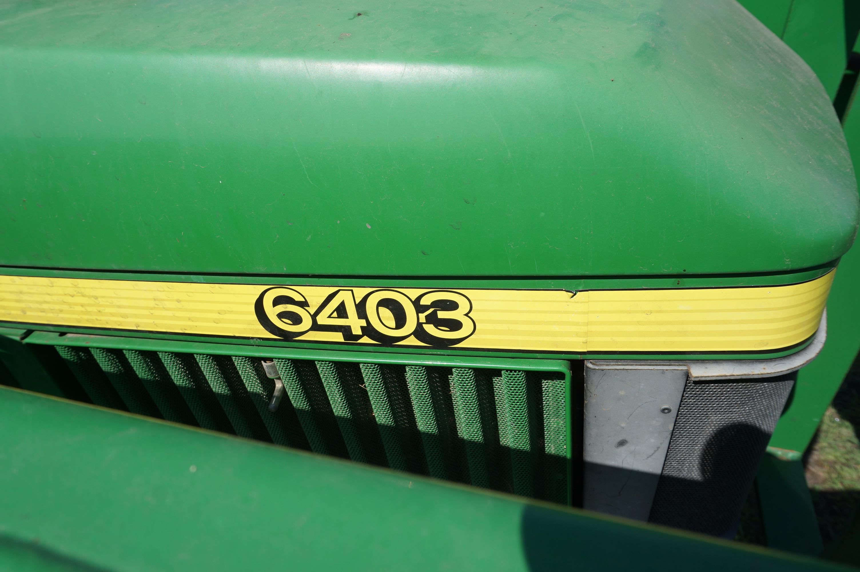 John Deere 6403 Cab Tractor with 542 Loader, Hayfork, Bucket. 1100 Hours