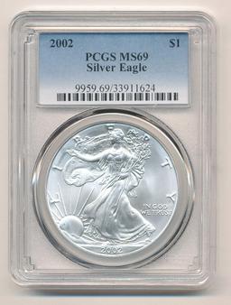 TWO (2) 2002 Silver Eagle PCGS Graded MS69, One Ounce Fine Silver Each, Both One Money