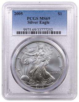 2005 Silver Eagle PCGS Graded MS69, One Ounce Fine Silver