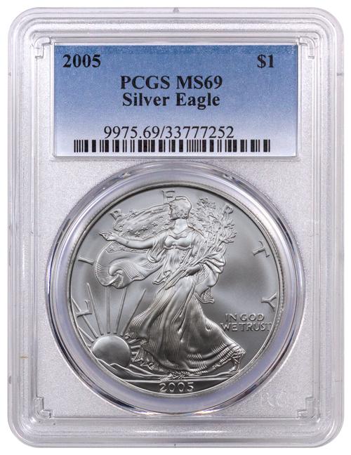 2005 Silver Eagle PCGS Graded MS69, One Ounce Fine Silver