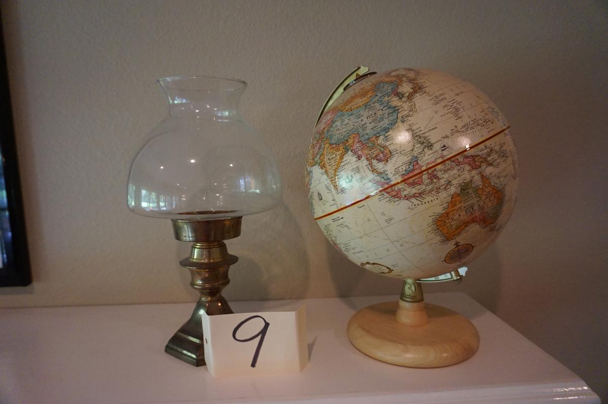 Globe 12"H And Brass Candle Stick, One Money