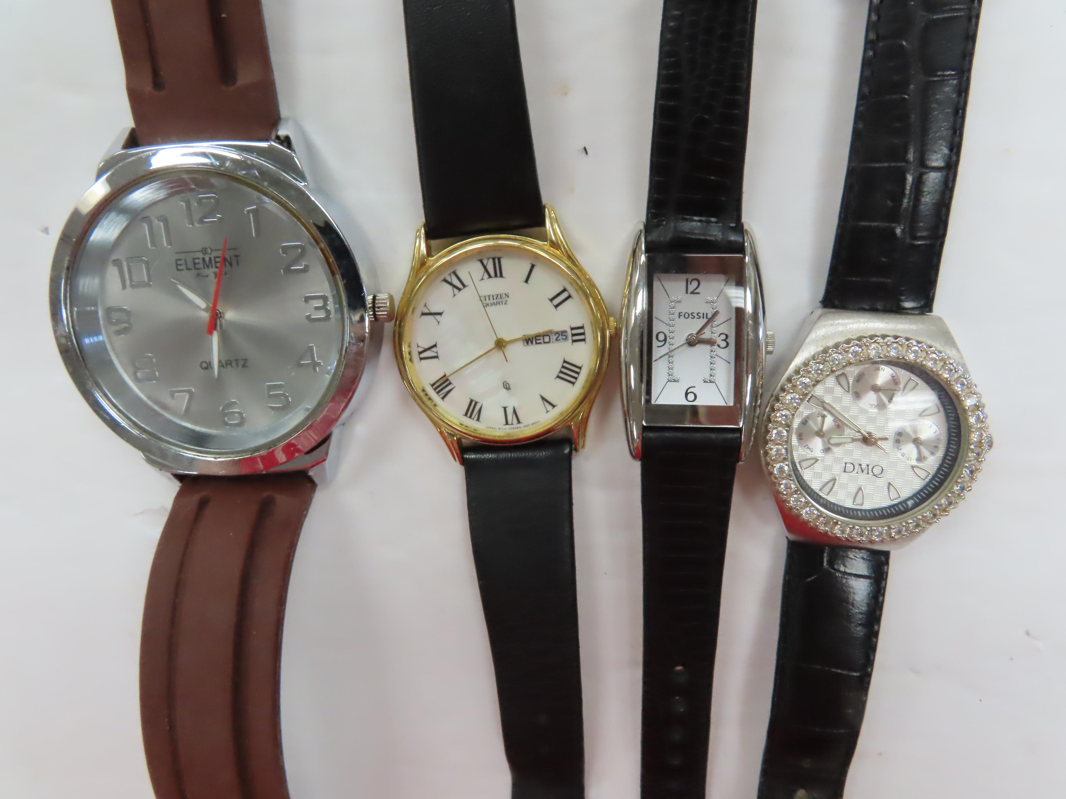 Four (4) Designer Watches, Estate Find, Untested. All One Money incl. Fossil, Citizen, DMQ, Element.