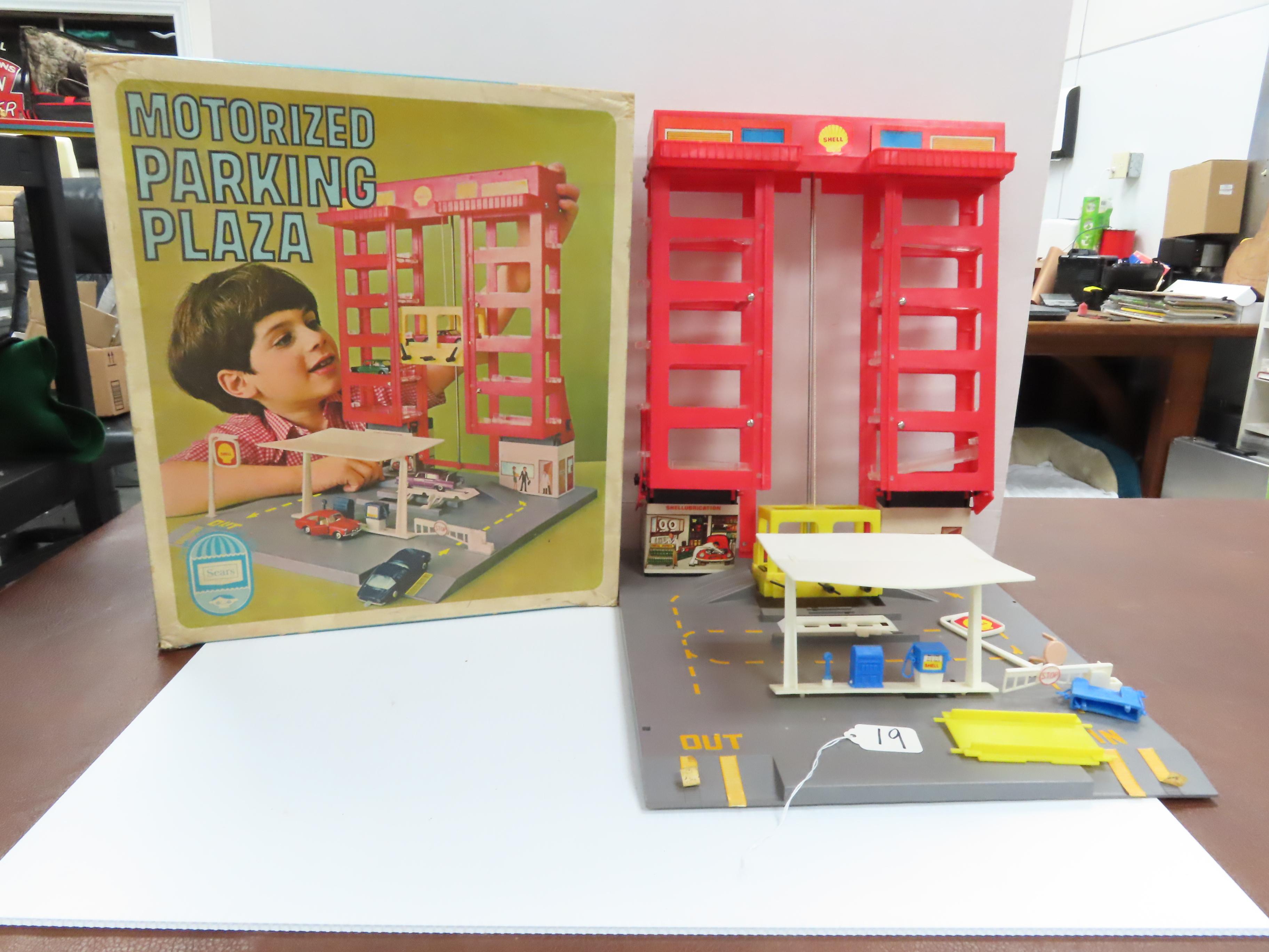 1972 Sears Motorized Parking Plaza, Untested. made for Hot Wheels and Matchbox Cars. with box (poor)