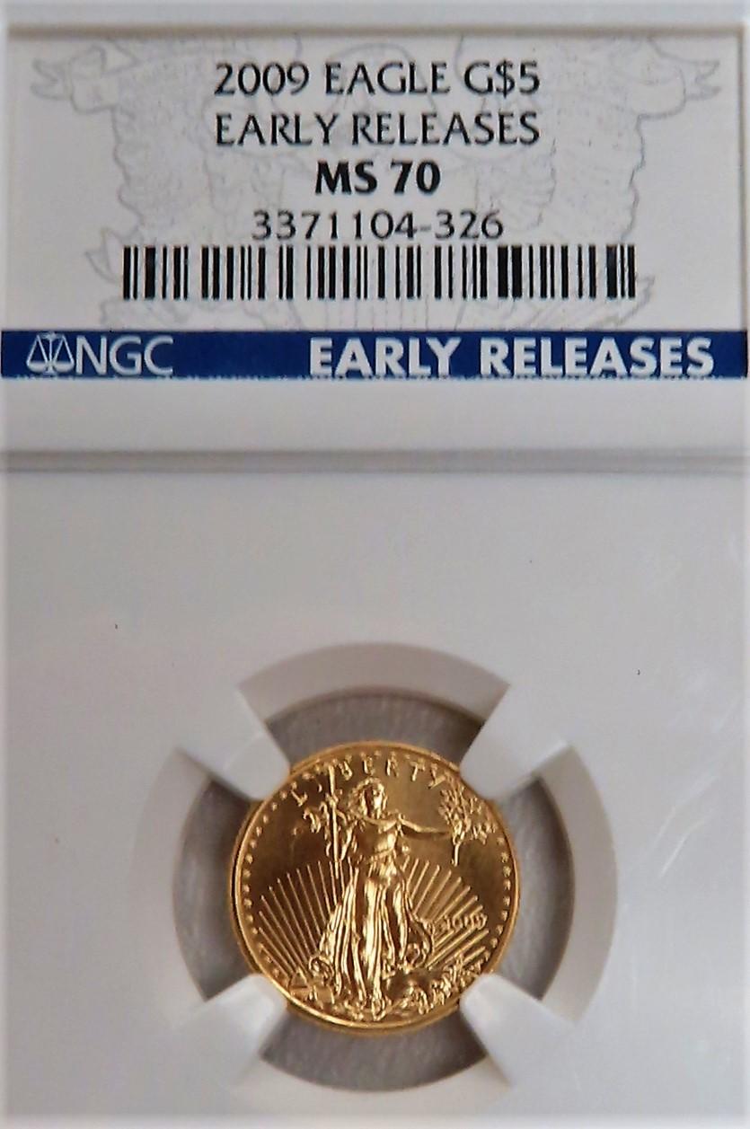 NGC Graded GOLD 2009 EAGLE EARLY RELEASES GOLD $5 U.S.  1/10 oz .999 Fine Gold. NGC Price Guide $275