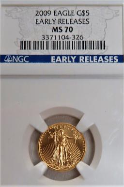 NGC Graded GOLD 2009 EAGLE EARLY RELEASES GOLD $5 U.S.  1/10 oz .999 Fine Gold. NGC Price Guide $275