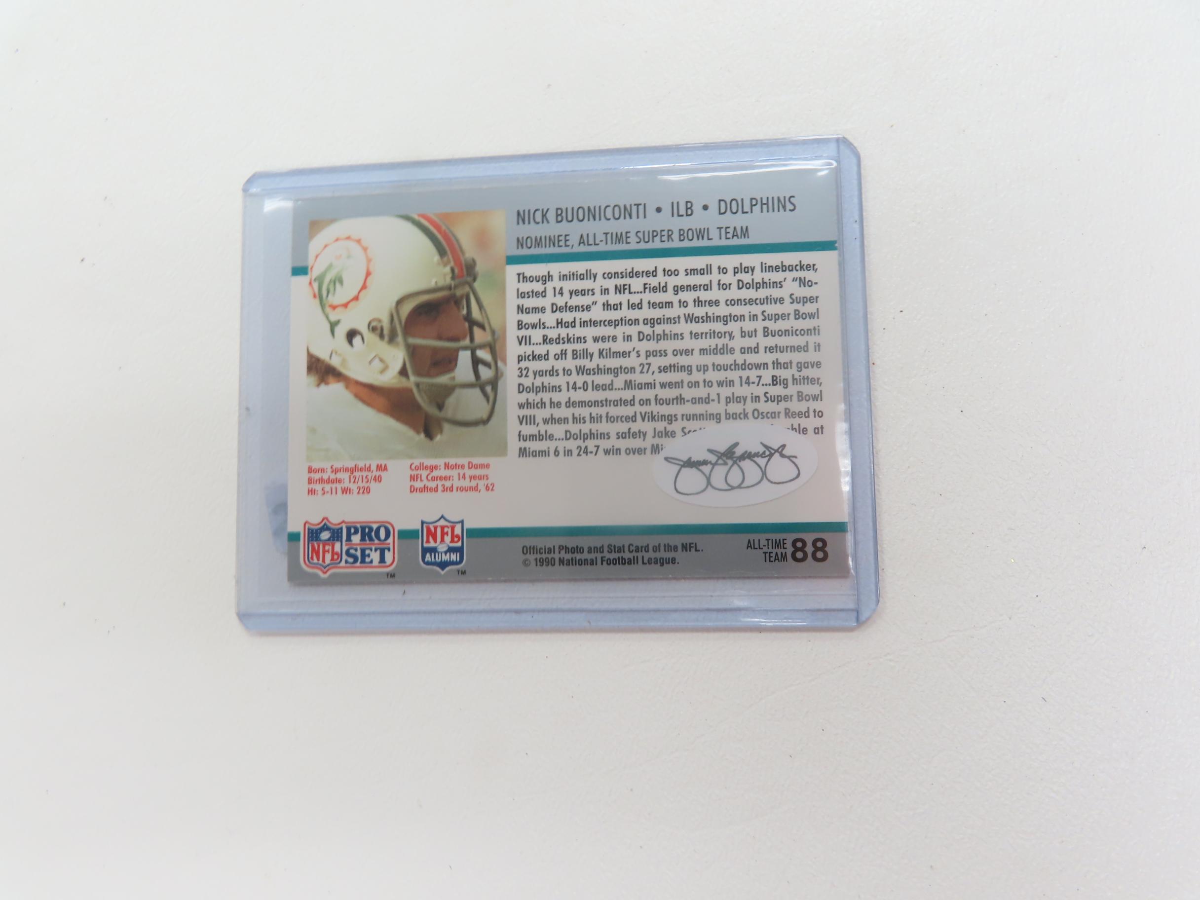 Nick Buoniconti Signed Football Card (deceased 2019) with James Spence Sticker.  HOF