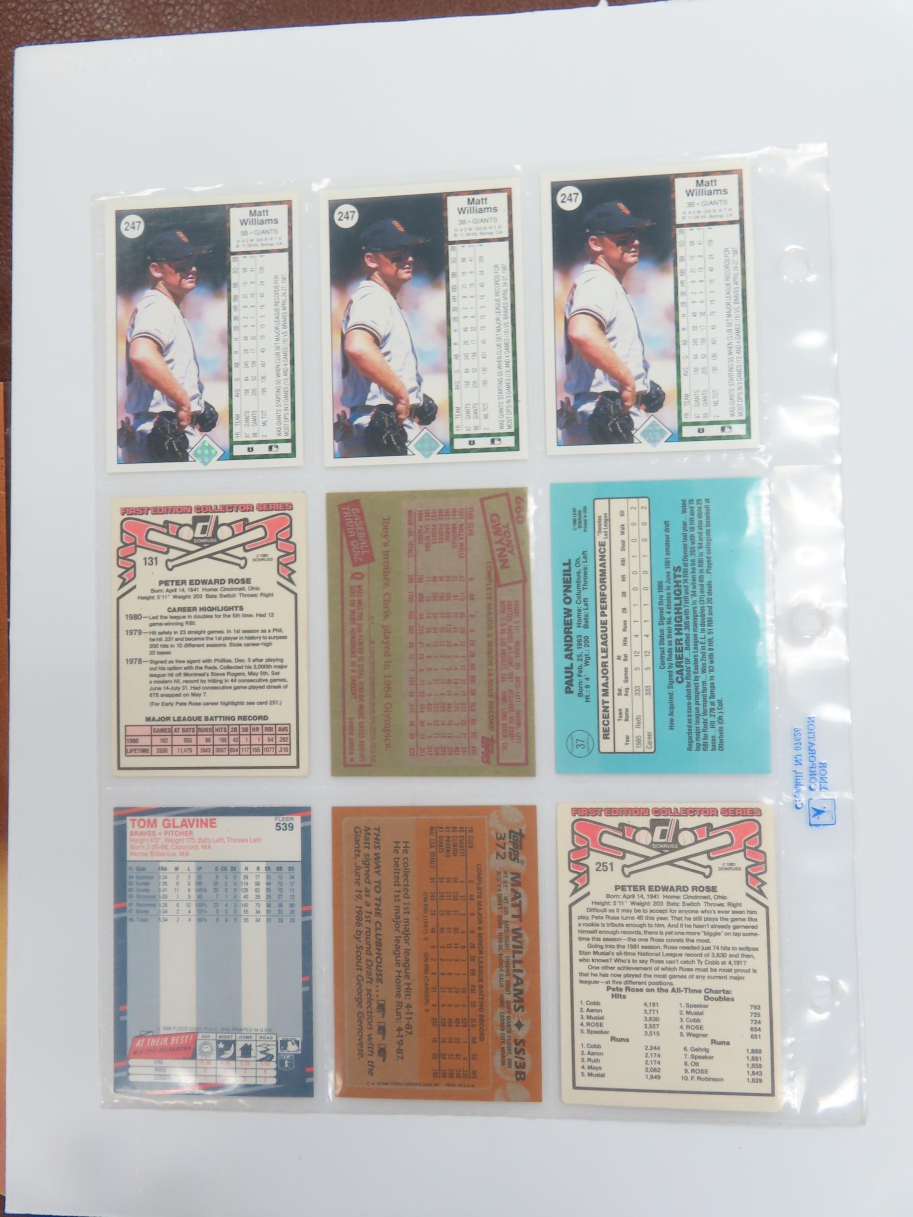 Nine (9) Vintage Baseball Cards incl. Pete Rose, Tom Glavine, Matt Williams
