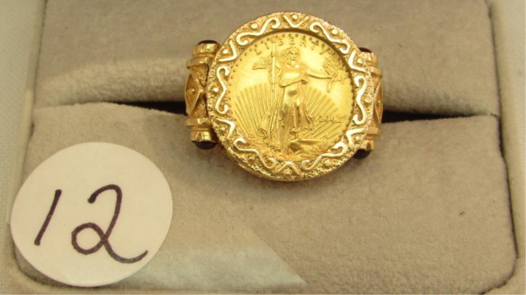 14K y/g coin ring with 1/10 oz. American