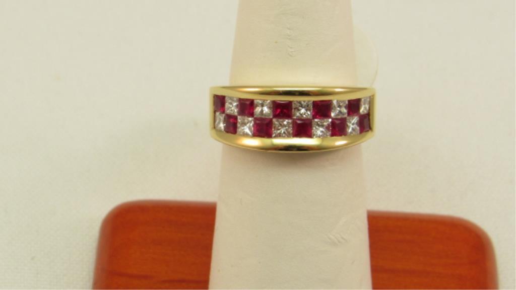 18K y/g 10 Square Diamond & 10 Square Ruby Ring