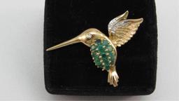 14K y/g 13 Emerald 7 Diamond Hummingbird