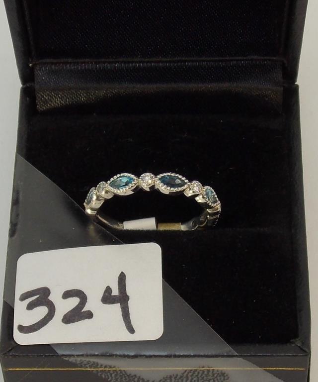 LADIES 14K W/G MARQUISE BLUE TOPAZ .14CT T.W. DIAMOND BAND 2.1GR