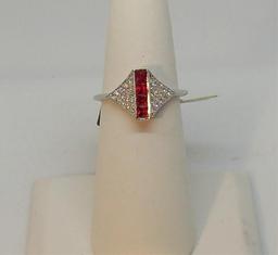 LADIES 14K W/G  .35 T.W. SQUARE CUT BEZEL SET RUBIES.18CT T.W. PAVE DIAMOND RING 2.3GR