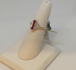 LADIES 14K W/G  .35 T.W. SQUARE CUT BEZEL SET RUBIES.18CT T.W. PAVE DIAMOND RING 2.3GR