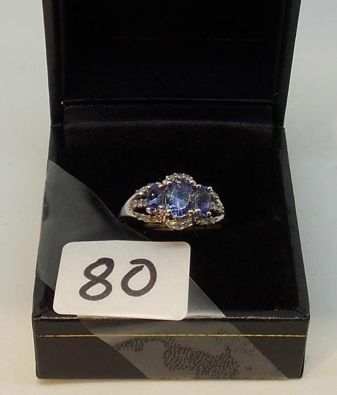 LADIES 10K W/G  1.22CT 3 TANZ. CENTER STONES .15CT T.W .DIAMOND RING 2.5GR