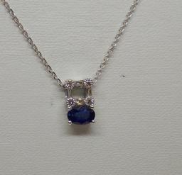 LADIES 14K W/G .62CT OVAL SAPPHIRE CENTER .11CT T.W. DIAMOND 18"PEND  2.7GR