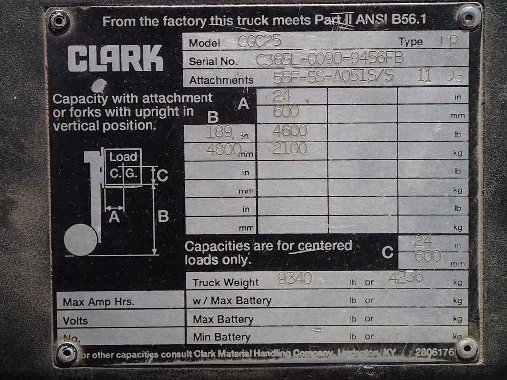 1996 Clark CGC25 forklift - s/n C365L-0090-9456FB - see video