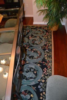 Embroidery Style Wool Area Rug; Sage, Green & Rose on Black Ground