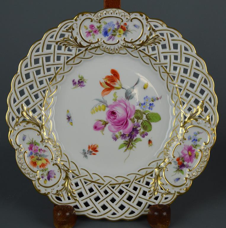 Fine Antique German Porcelain: Meissen Set of  Eight 8 In. Pierced Rim Dessert Plates “Small Flowers