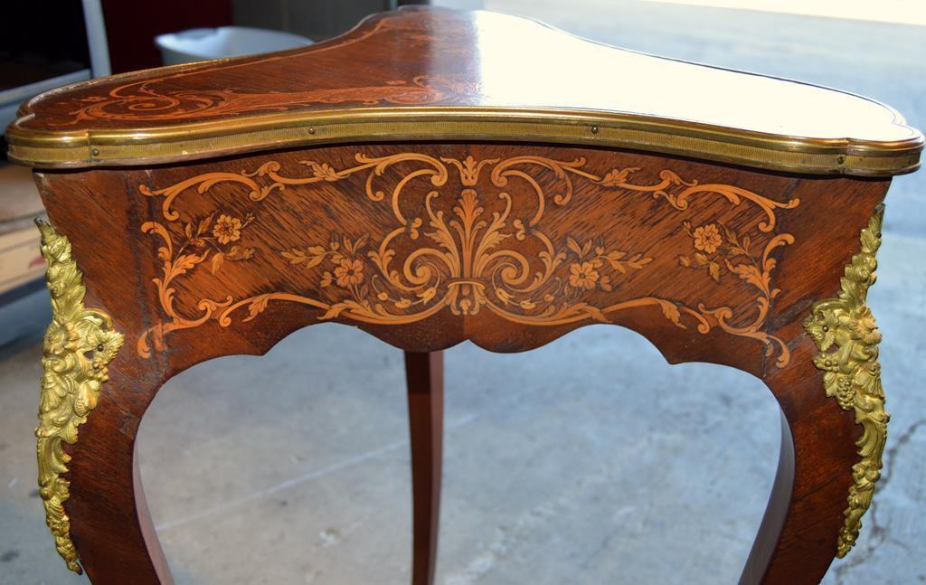 Antique Rococo Inlaid Mahogany Side Table w/ Ormolu Trim