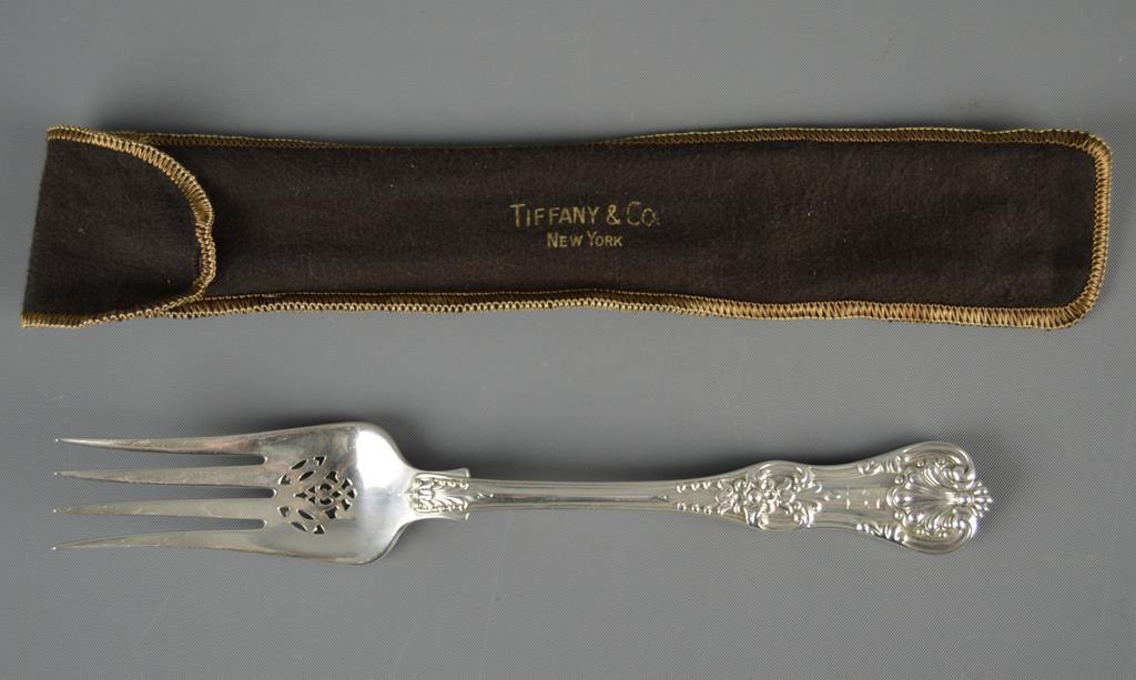 Antique Tiffany "English King" (1885) Sterling Silver Pierced Cold Meat Fork w/ Tiffany Silver Cloth