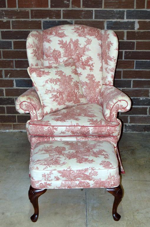 Contemporary Lee Industries, Newton NC Wing Chair and Ottoman, Red Toile Upholstery