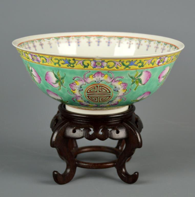 Antique Guangxu Period Chinese Turquoise Ground Porcelain Bowl w/ Wooden Stand, 7.5 In.