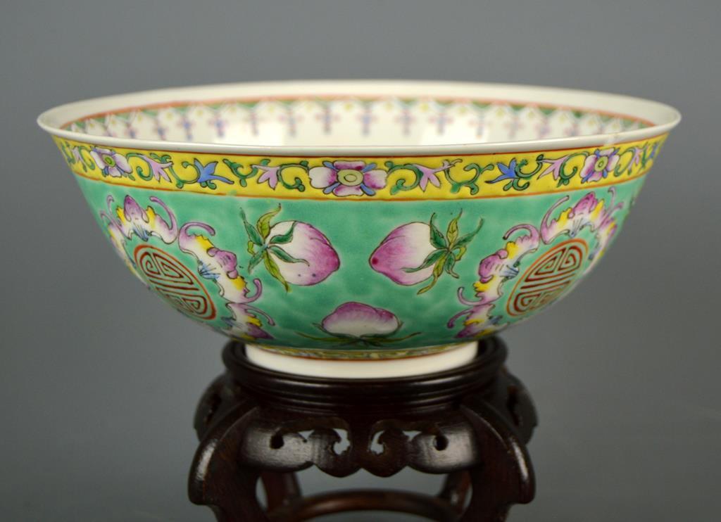 Antique Guangxu Period Chinese Turquoise Ground Porcelain Bowl w/ Wooden Stand, 7.5 In.